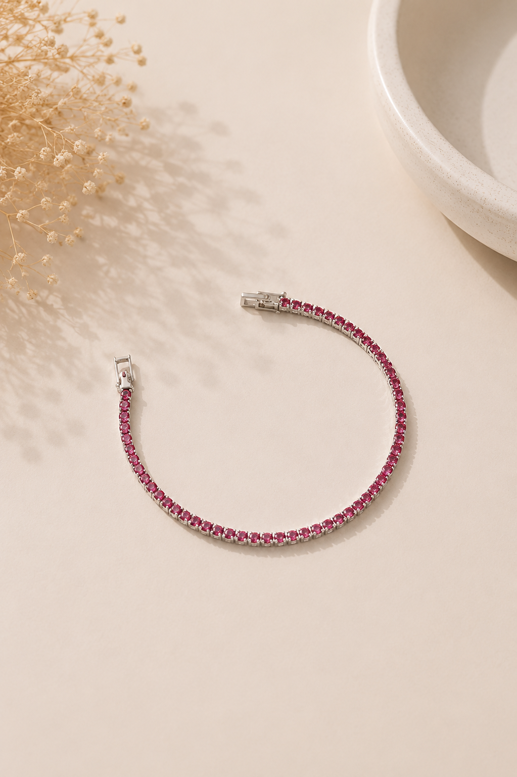 Pulseira Riviera Rosa 2mm Ródio Branco