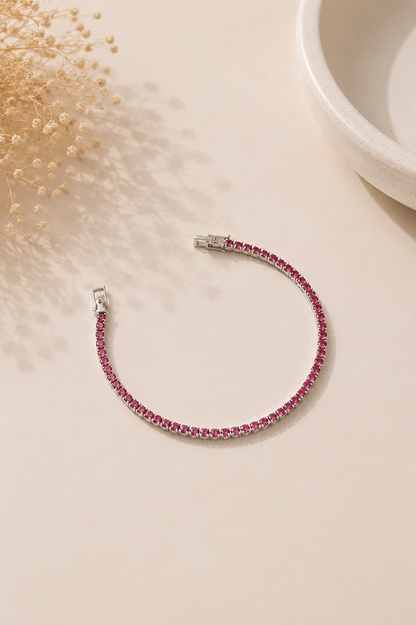 Pulseira Riviera Rosa 2mm Ródio Branco