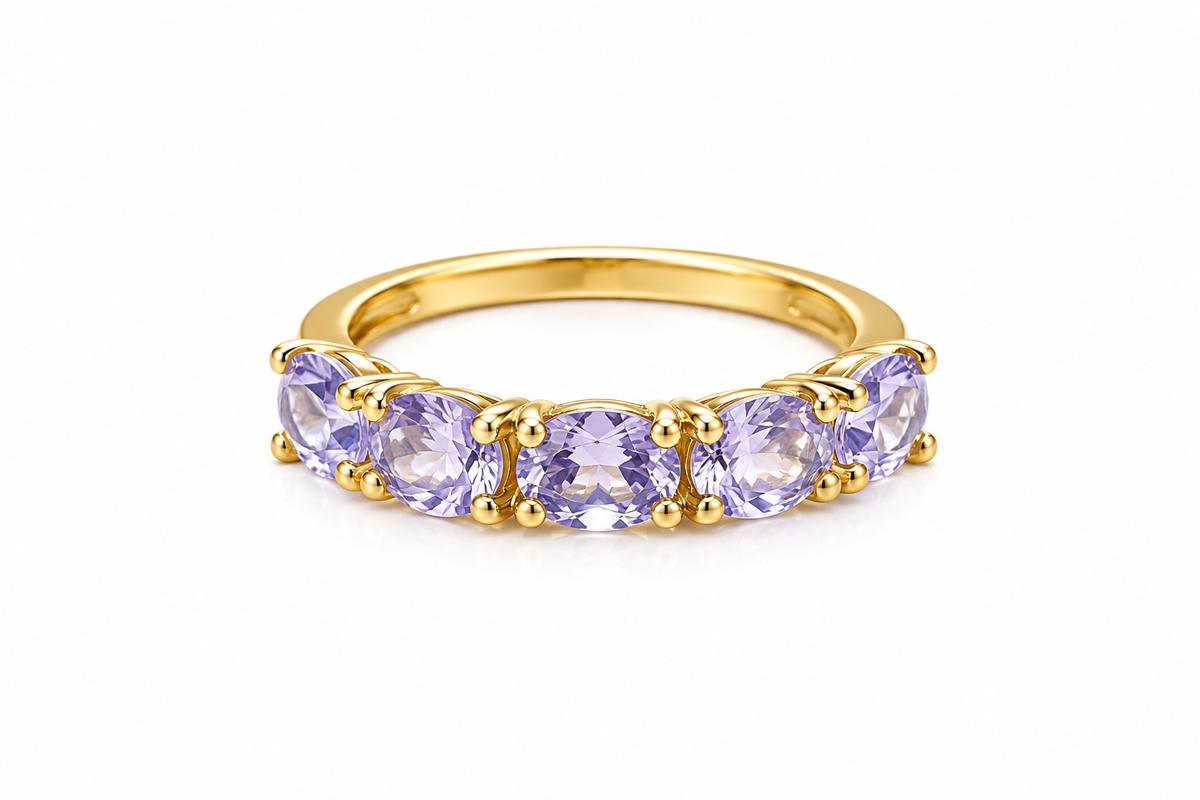 Anel Rainbow Meia Aliança Ametista Ouro 18k