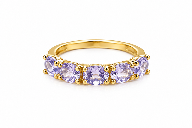 Anel Rainbow Meia Aliança Ametista Ouro 18k
