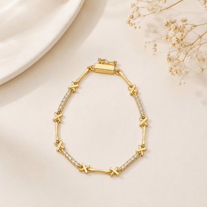 Pulseira “X”Alta Joalheria Espaçamento Micro Cravejado Ouro 18k