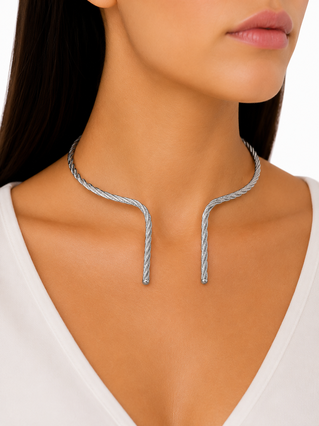 Choker Aro Traços Trabalhado Ródio Branco