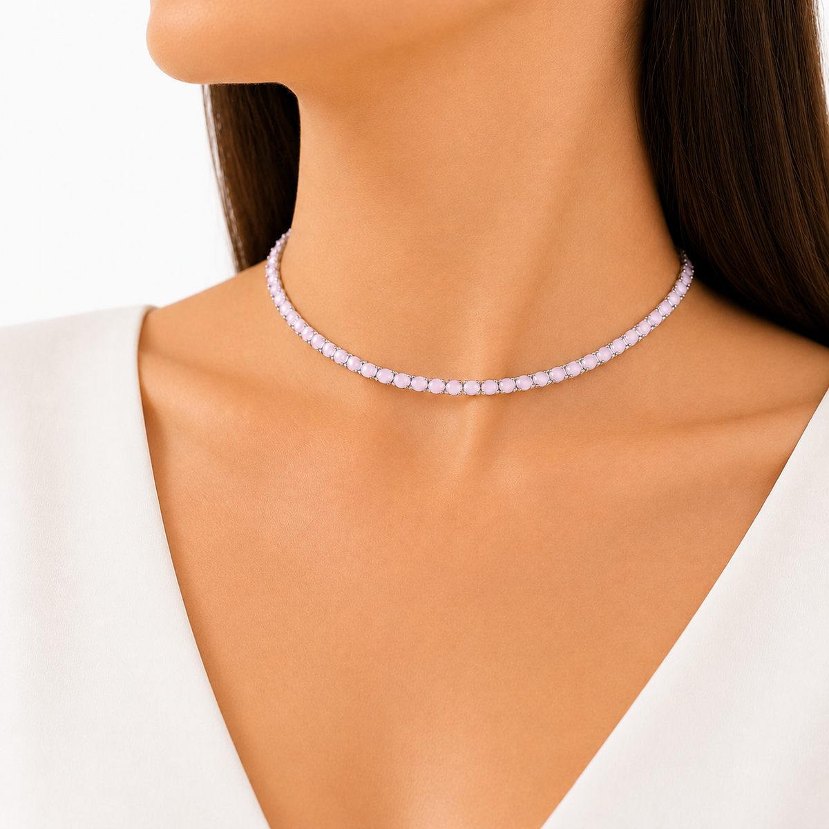 Colar Riviera Quartzo Rosa 2mm Ródio Branco