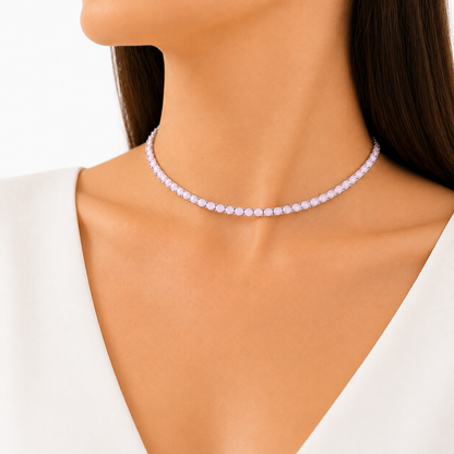 Colar Riviera Quartzo Rosa 2mm Ródio Branco