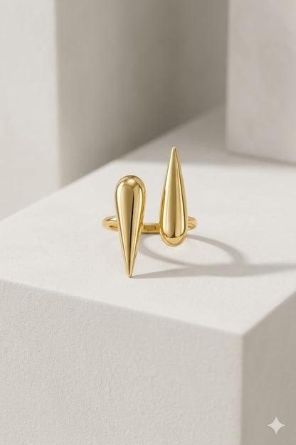 Anel Duas Gotas Invertida Esticada Ouro 18k