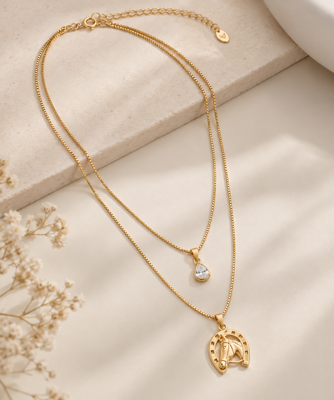 Colar Duplo Veneziana Ferradura com Cavalo Ouro 18k