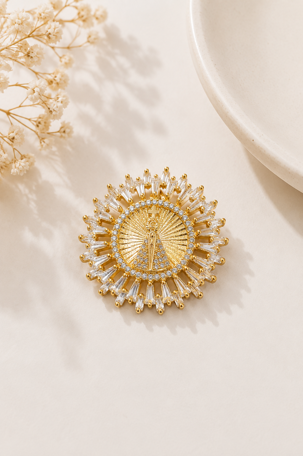 Pingente Nossa Senhora Cravejada Navete Ouro 18k