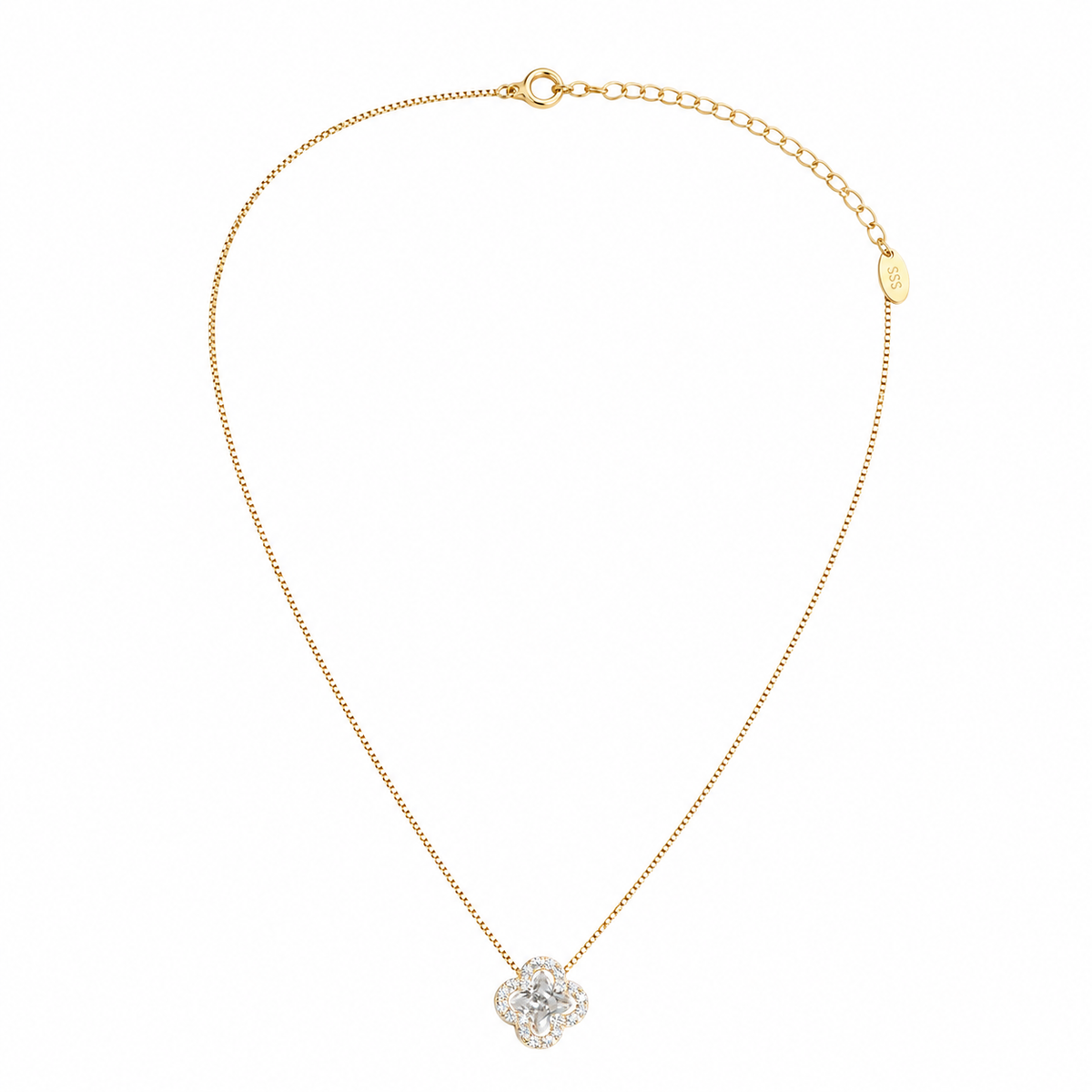 Colar Trevo Cristal Com Micro Zircônia Ouro 18k