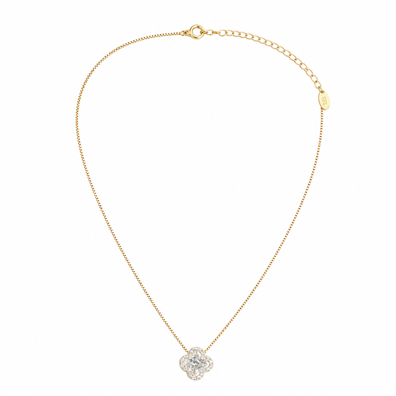 Colar Trevo Cristal Com Micro Zircônia Ouro 18k