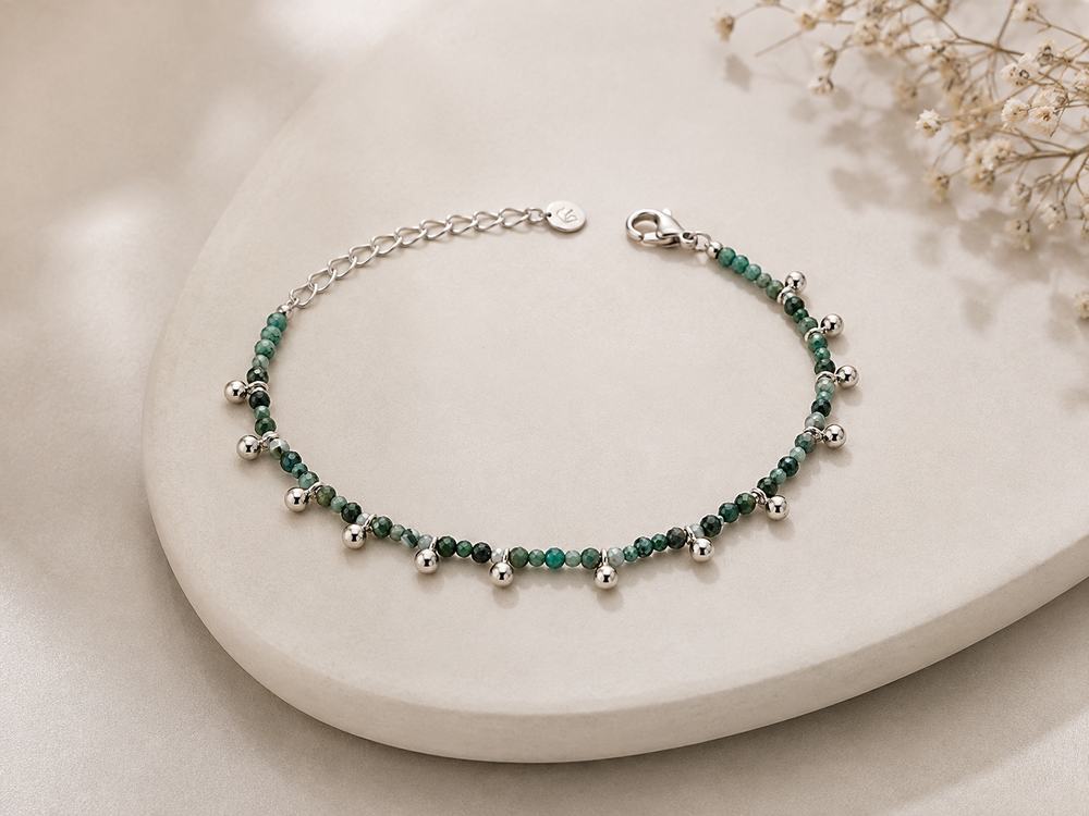 Pulseira Pedra Natural Com Bolinha de Metal Ródio Branco