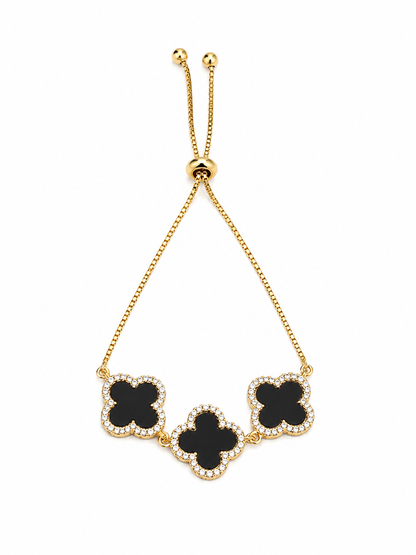 Pulseira Inspiração Trevo Micro Zircônia Preto com Regulagem Ouro 18k