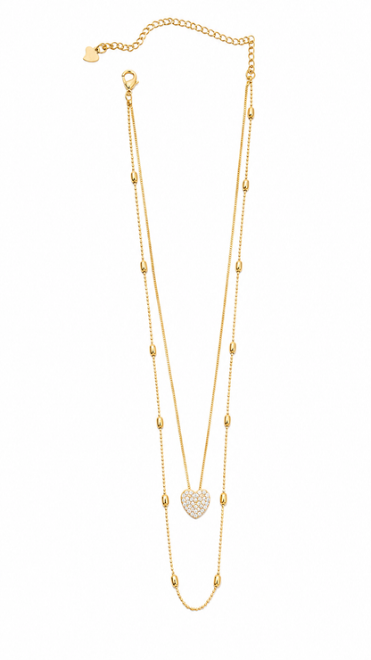 Colar Duplo Coração Micro Cravejado com Esferas MontClair Ouro 18k