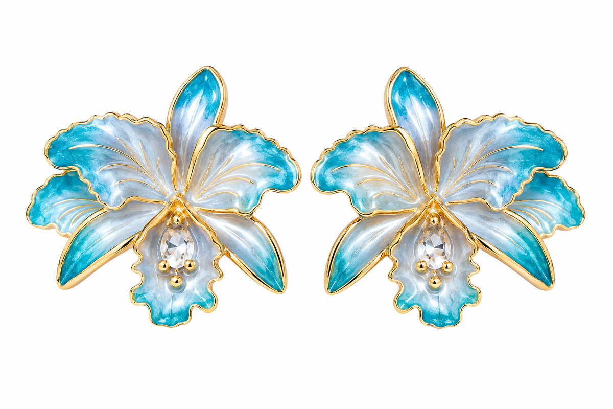 Brinco Orquídea Esmaltado Ouro 18k