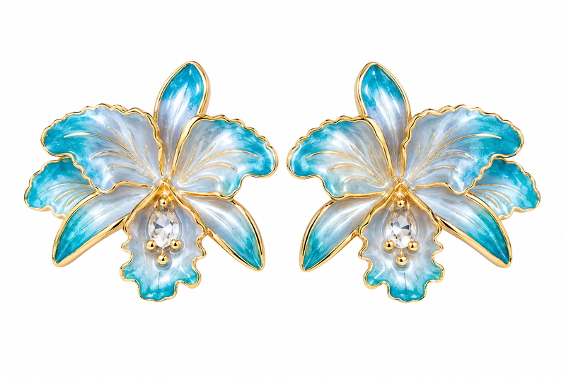 Brinco Orquídea Esmaltado Ouro 18k