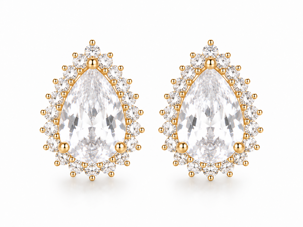 Brinco Gota Cristal com Cravação Microzircônias Ouro 18k