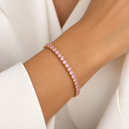 Pulseira Riviera Três Pontas Quartzo Rosa Ouro 18k