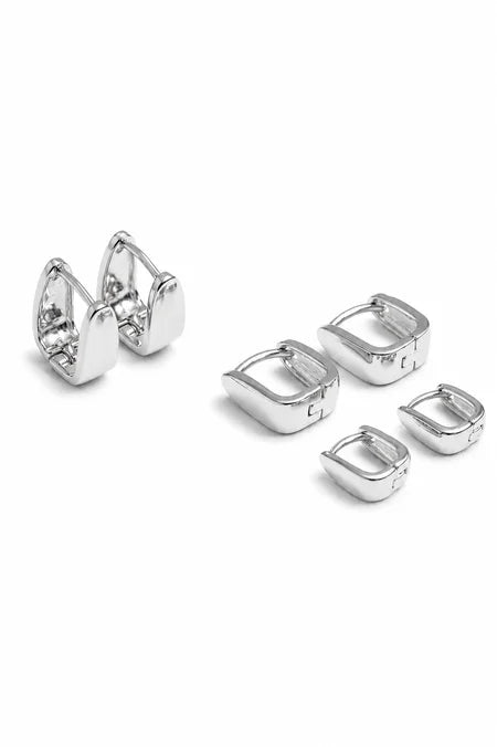 Brinco Trio Click Quadrado Liso Ródio Branco