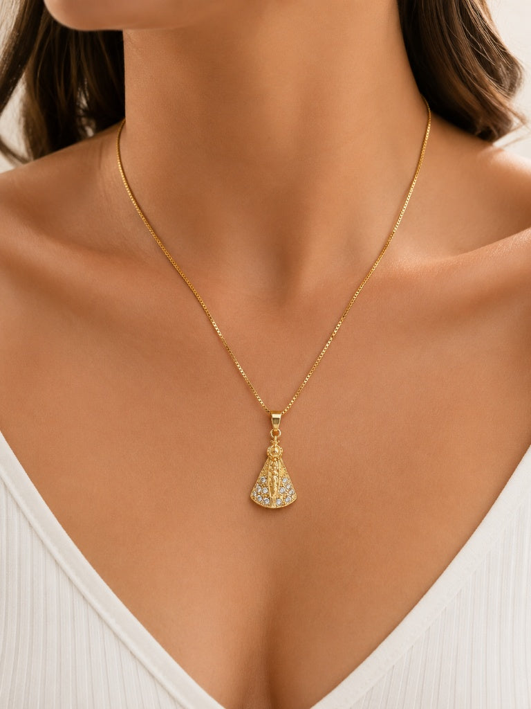 Colar Nossa Senhora Manto Zircônia Cristal Ouro 18k
