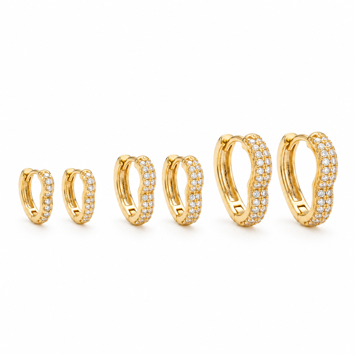 Brinco Trio Zircônia Coração Cravejado Ouro 18k