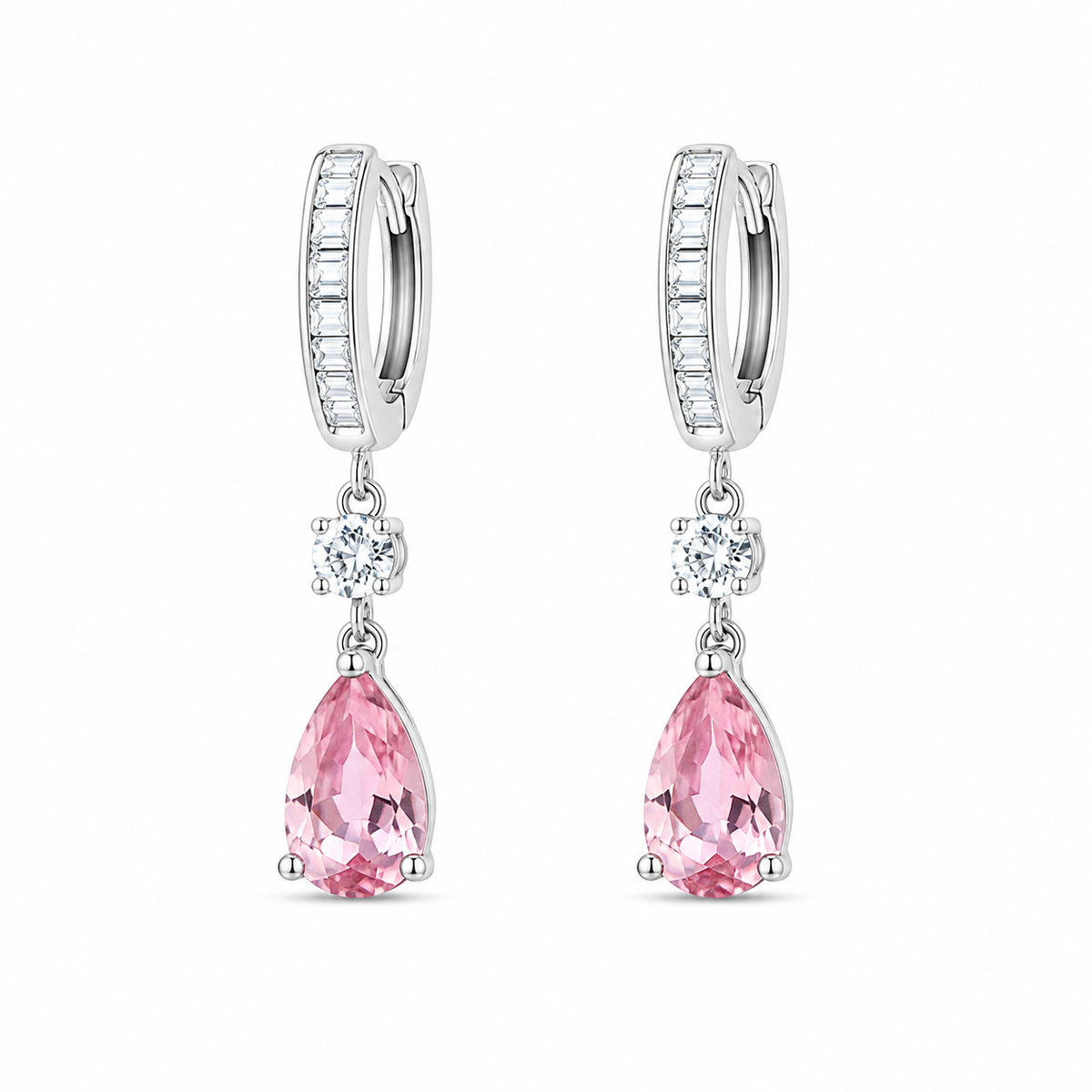 Brinco Argola Pingente Gota Rosa Prata 925