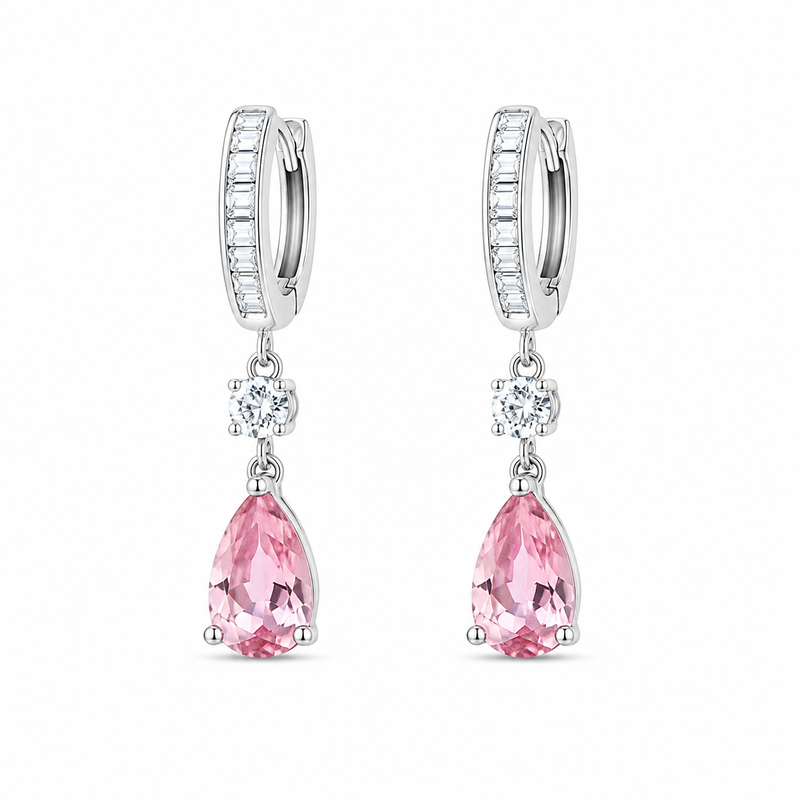 Brinco Argola Pingente Gota Rosa Prata 925
