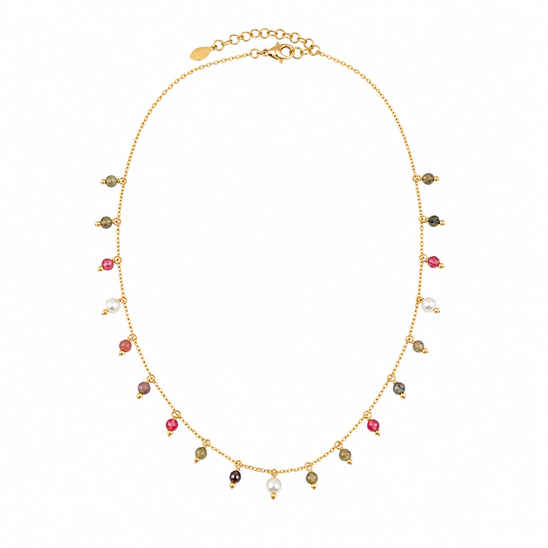 Choker Rondell com Pedra Natural Ágata Fogo e Pérola Ouro 18k