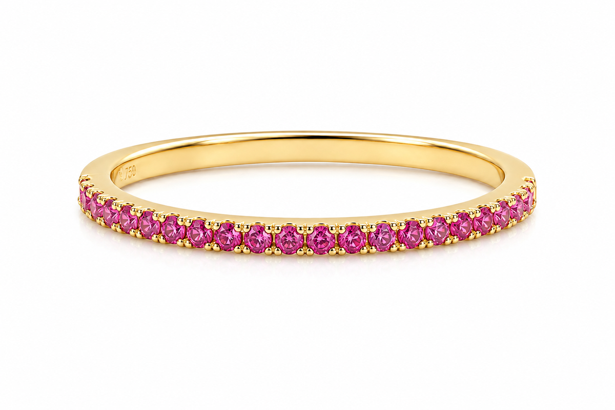 Anel Meia Aliança Zircônia Pink Ouro 18k