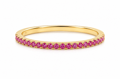 Anel Meia Aliança Zircônia Pink Ouro 18k