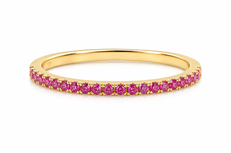 Anel Meia Aliança Zircônia Pink Ouro 18k