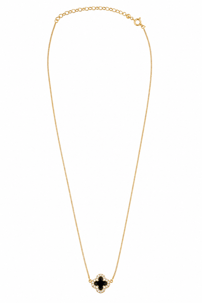 Colar Trevo Preto Com Micro Zircônia Ouro 18k