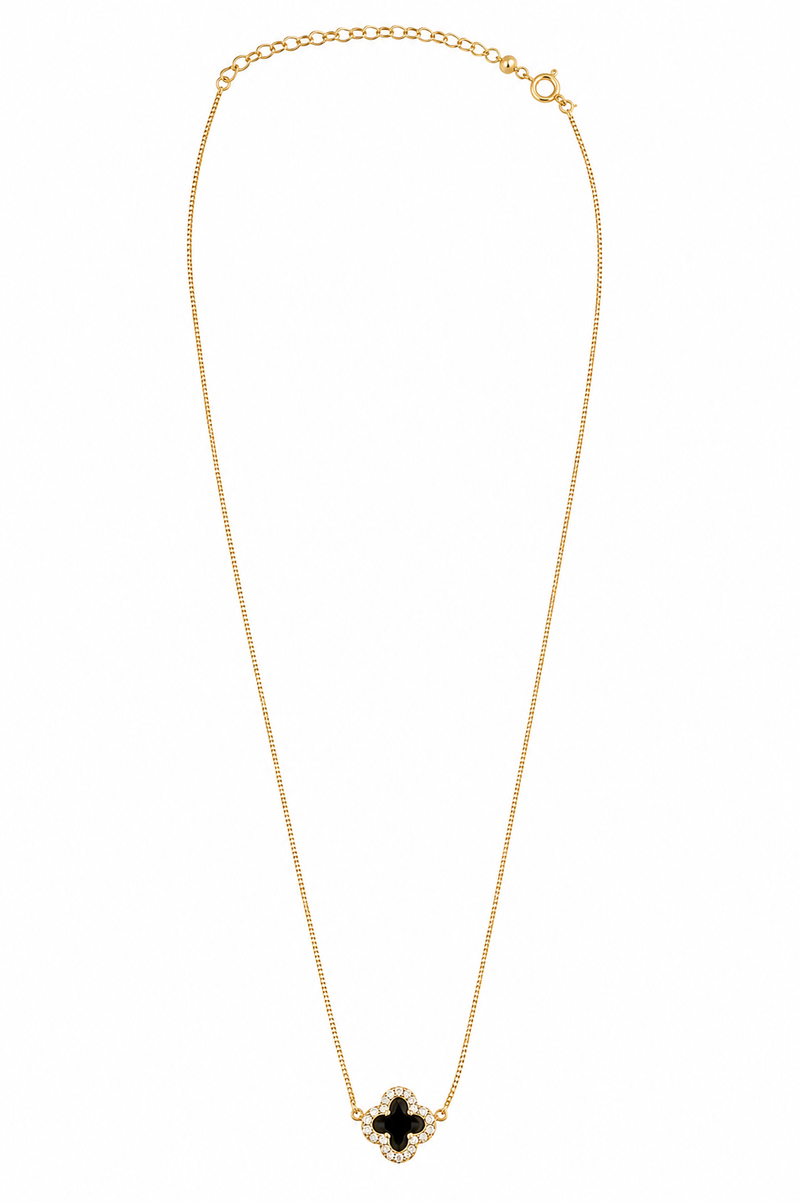Colar Trevo Preto Com Micro Zircônia Ouro 18k