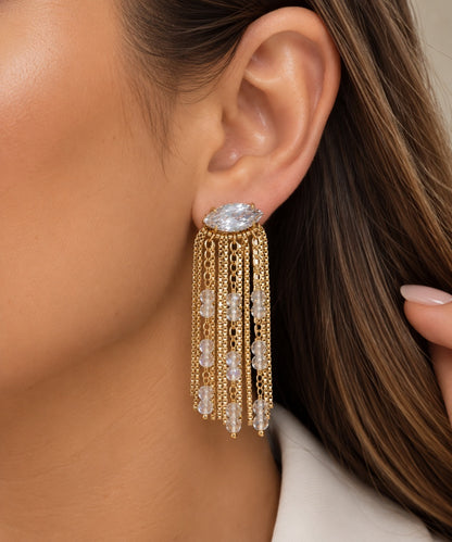 Brinco Franja com Zircônia Cristal Ouro 18k