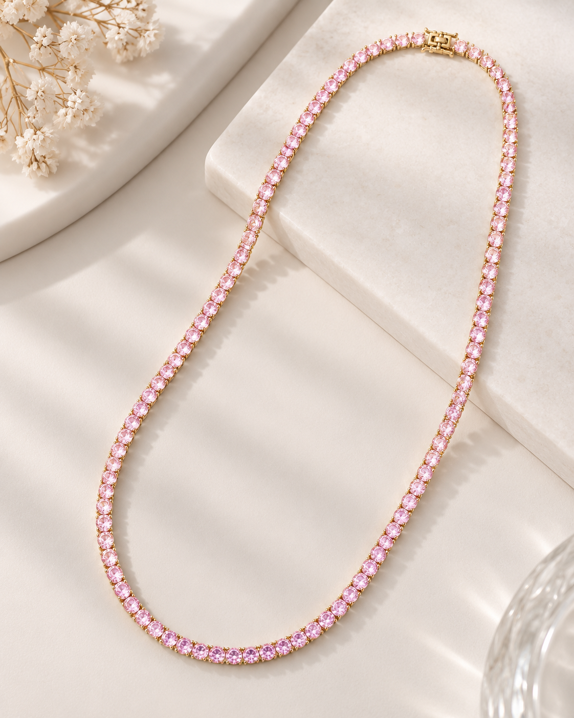 Colar Riviera Três Pontas Quartzo Rosa Ouro 18k
