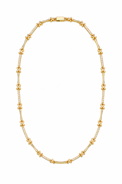Colar “X”Alta Joalheria Espaçamento Micro Cravejado Ouro 18k