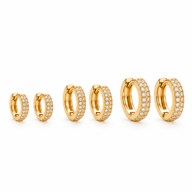 Brinco Trio Argola Duas Fileiras Zircônia Ouro 18k