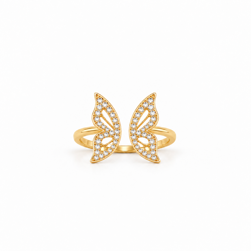 Anel Borboleta Regulável Cravejada Ouro 18k