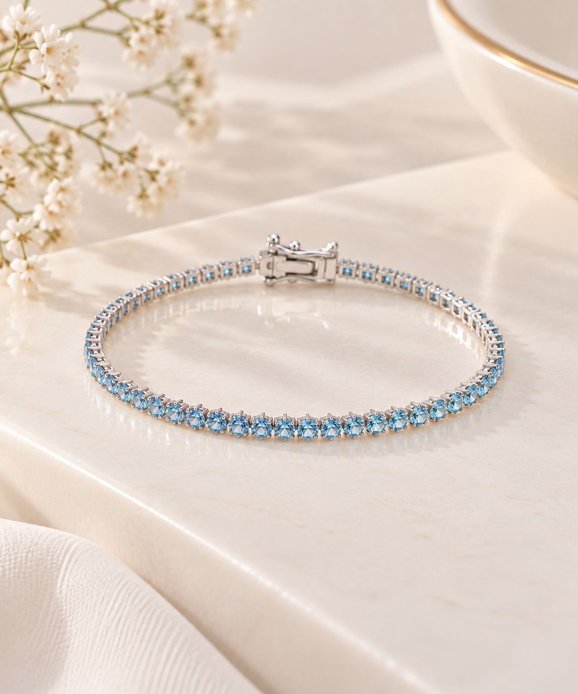 Pulseira Riviera Três Pontas Aquamarine Ródio Branco