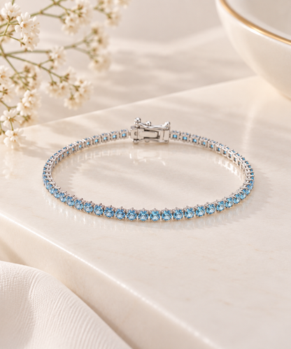 Pulseira Riviera Três Pontas Aquamarine Ródio Branco