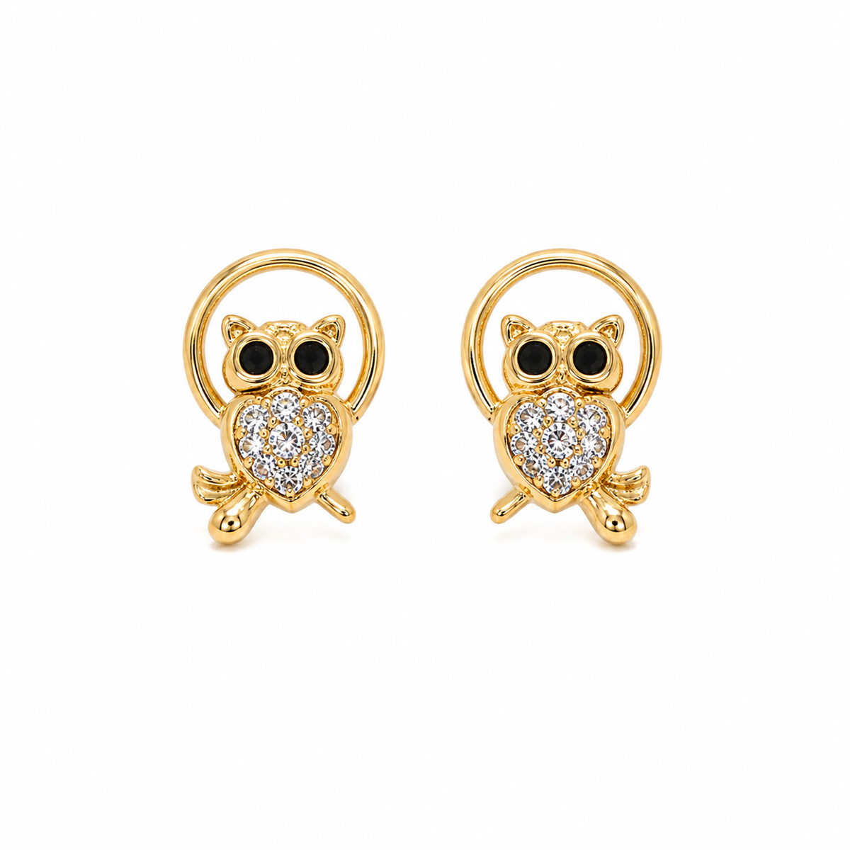 Brinco Corujinha Cravejada Olhos Ônix Ouro 18k