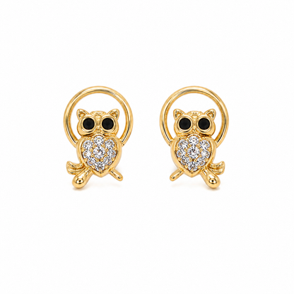 Brinco Corujinha Cravejada Olhos Ônix Ouro 18k