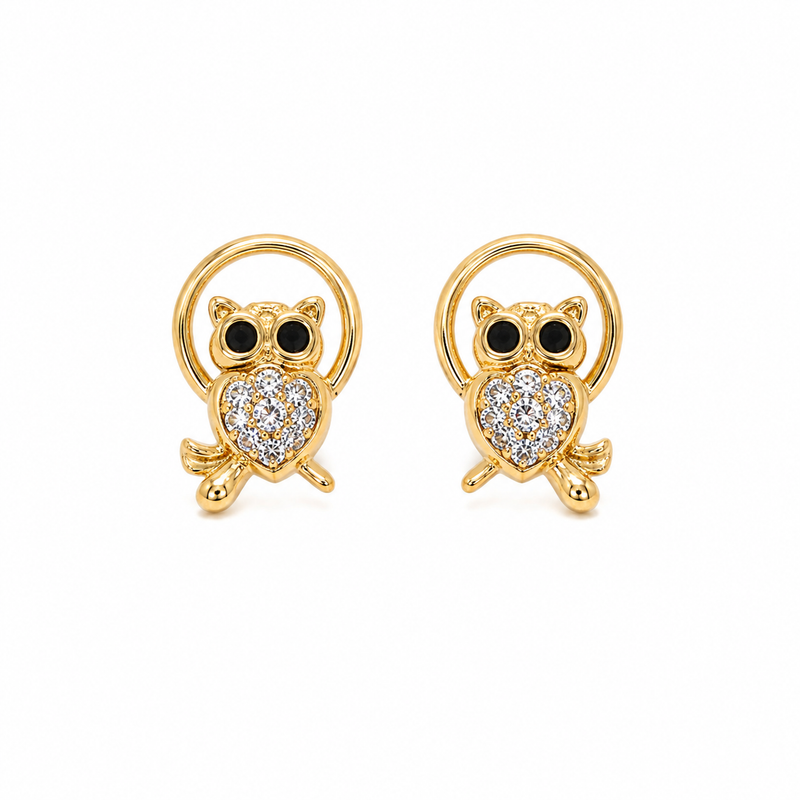 Brinco Corujinha Cravejada Olhos Ônix Ouro 18k