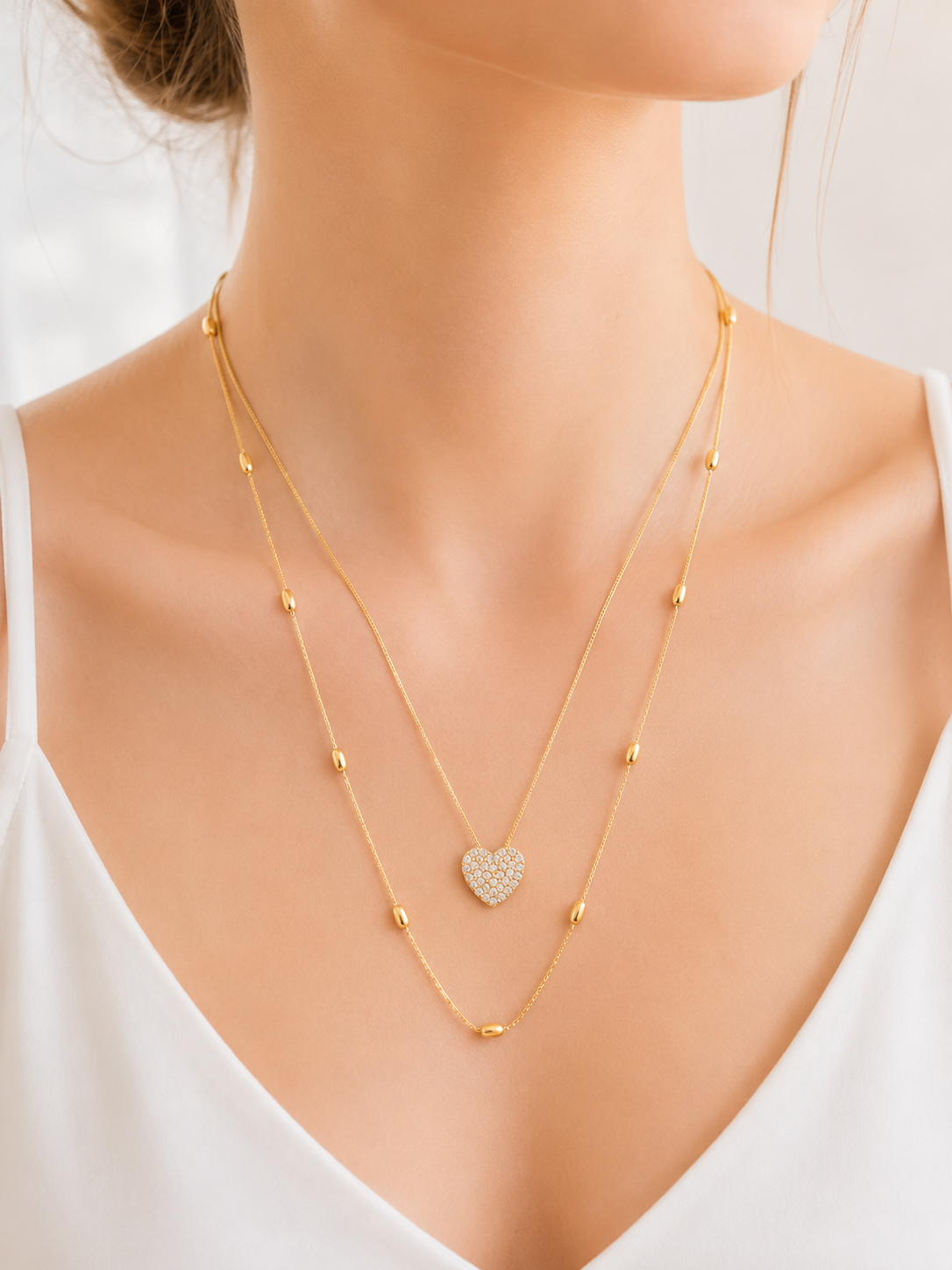 Colar Duplo Coração Micro Cravejado com Esferas MontClair Ouro 18k