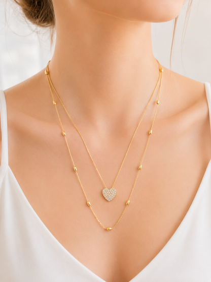Colar Duplo Coração Micro Cravejado com Esferas MontClair Ouro 18k