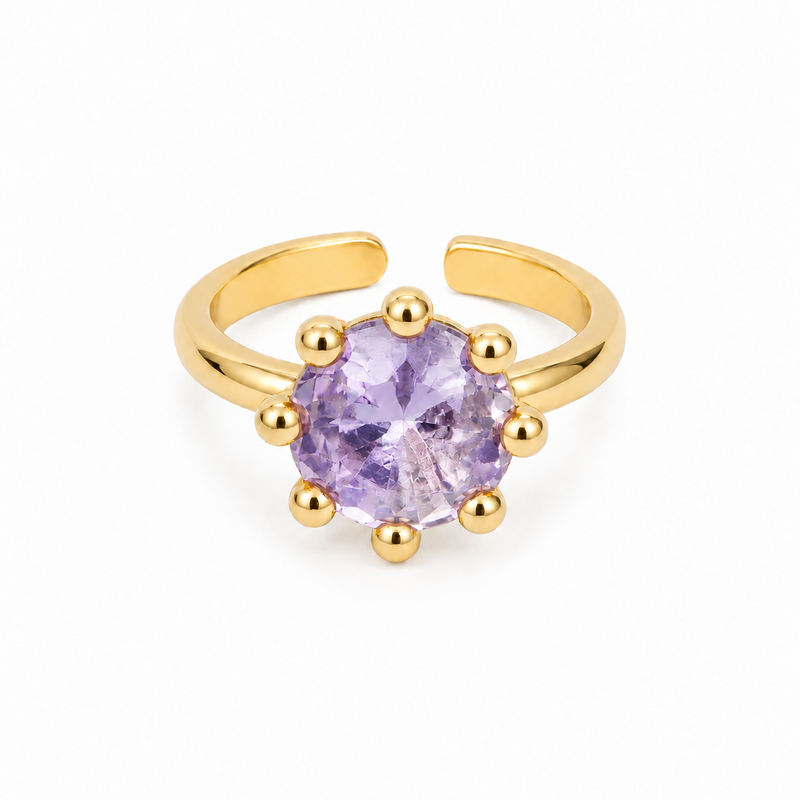 Anel Solitário Regulável Zircônia Ametista 12mm Ouro 18k