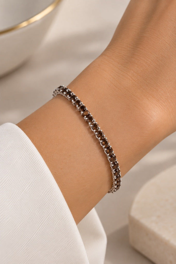 Pulseira Riviera Três Pontas Chocolate Ródio Branco