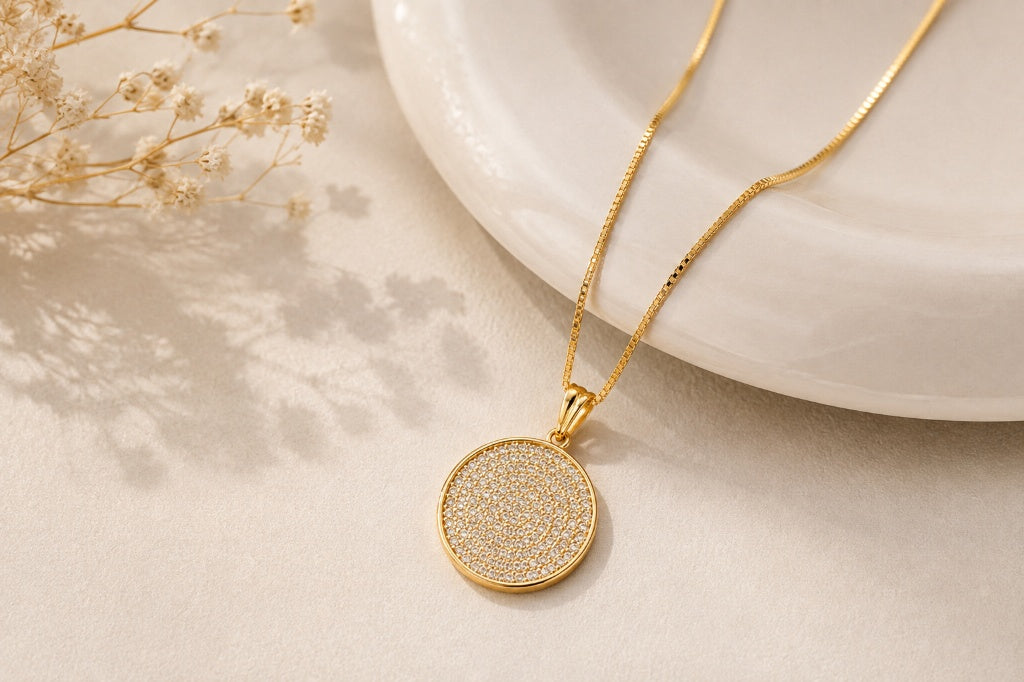 Colar Veneziana com Pingente Círculo Cravejado Ouro 18k