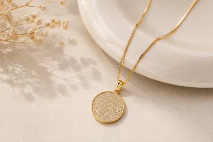 Colar Veneziana com Pingente Círculo Cravejado Ouro 18k