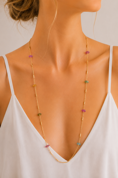 Colar Longo Cascalho Colorido Natural Ouro 18k