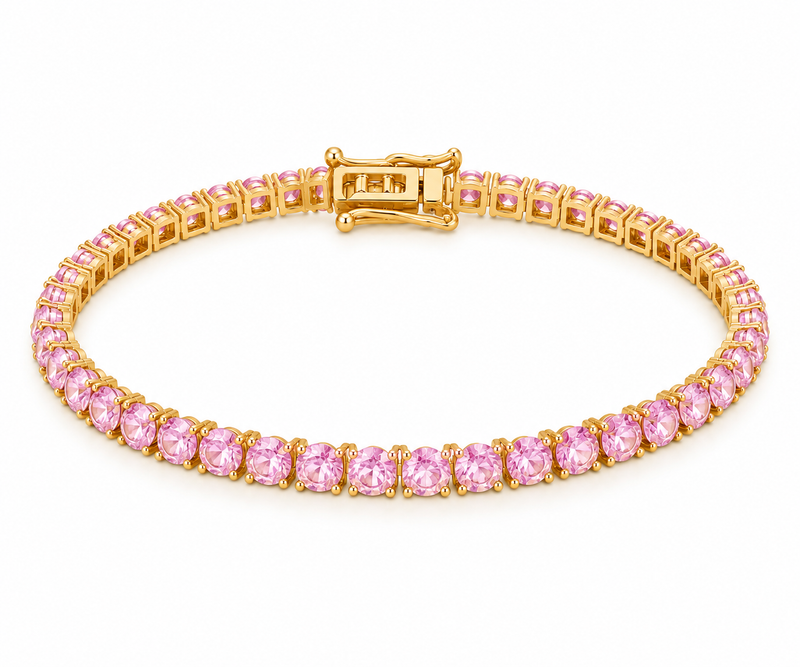 Pulseira Riviera Três Pontas Quartzo Rosa Ouro 18k