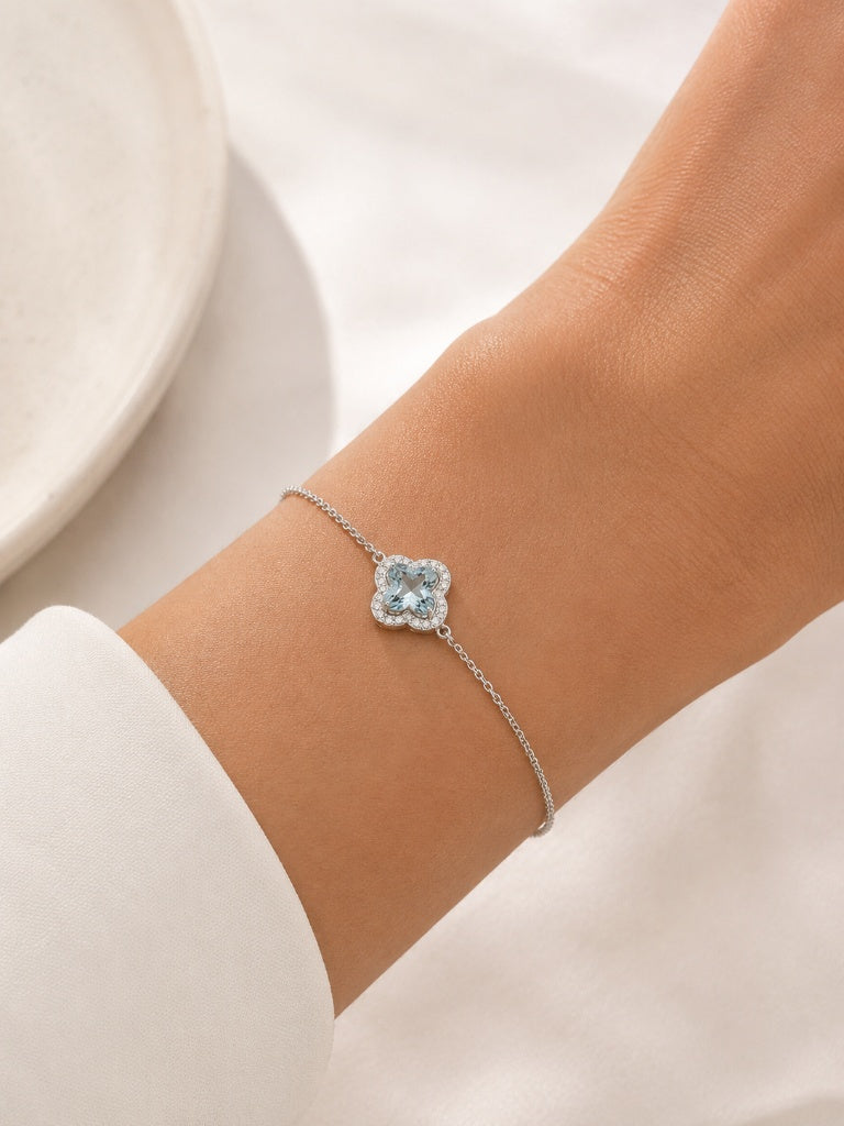 Pulseira Trevo Solitário Azul Claro Prata 925